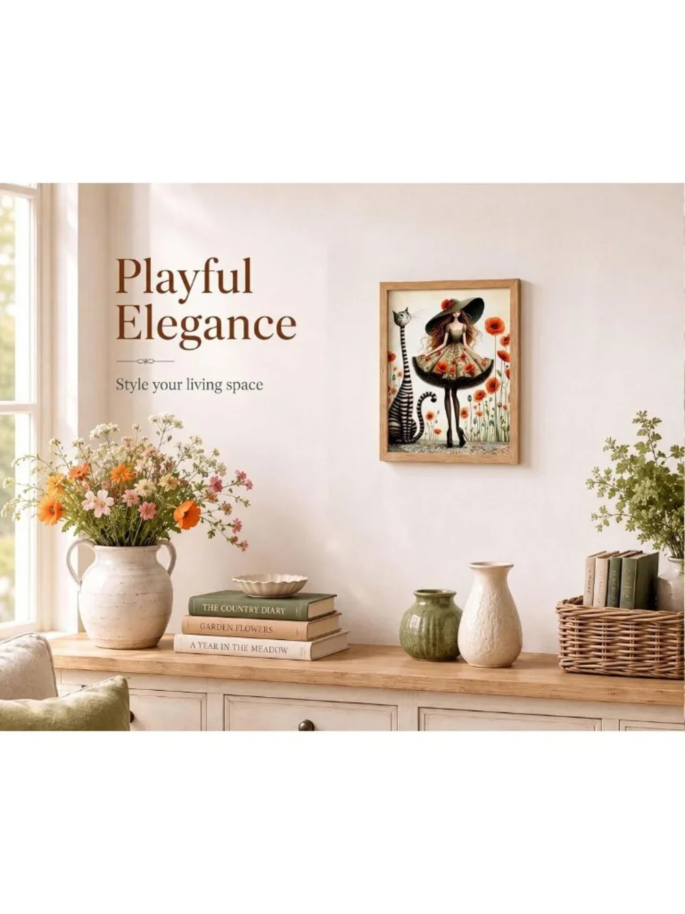 Whimsical Girl & Cat Canvas Wall Art - Brown Solid Wood Frame, 12x16in Decor